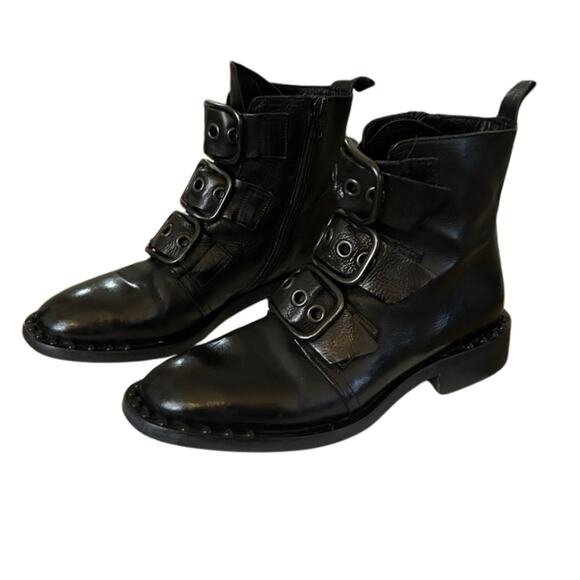 Just Juice Italy Black Leather Buckle Studded Ankle Boots –Goth Booties, Size 37 - Picture 3 of 9